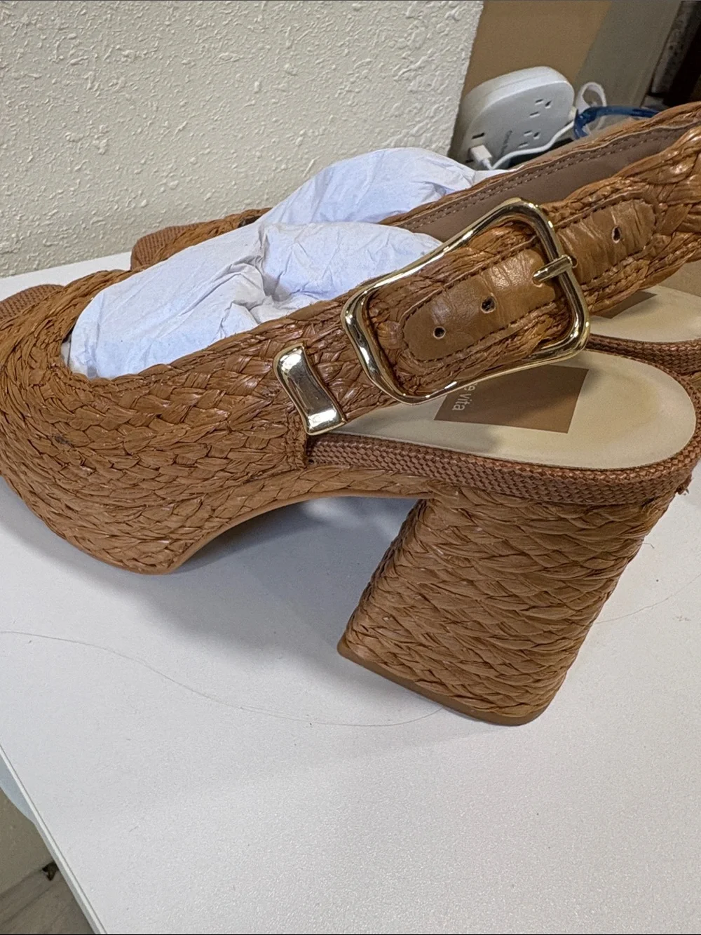 Dolce Vita Flores Cognac Raffia Platform Slingback Heels in Tan